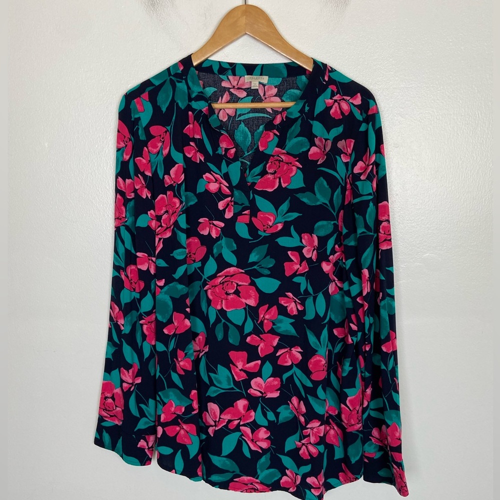 Talbots Peasant Long Sleeves Floral Top Size Lp Petite Pink Blue Boho V-Neck